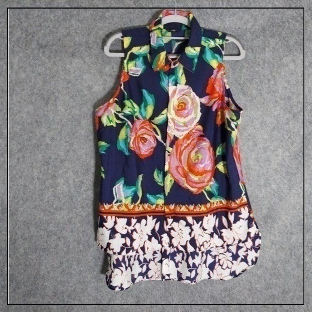 Milano Blouse L Navy Patchwork Floral Sleeveless High Low Boho Festival Resort